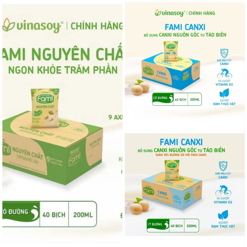 THÙNG 40 TÚI 200 ML SỮA ĐẬU NÀNH FAMI CANXI CÓ ĐƯỜNG - ÍT ĐƯỜNG - NGUYÊN CHẤT