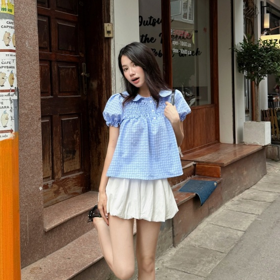 5 Áo babydoll kẻ caro cổ bèo tay bồng - Áo kiểu babydoll kẻ caro Siêu Hot – A595 - 𝙏𝒉𝙖𝒐𝙫𝒊_𝑼𝙡𝒍𝙯𝒂𝙣𝒈