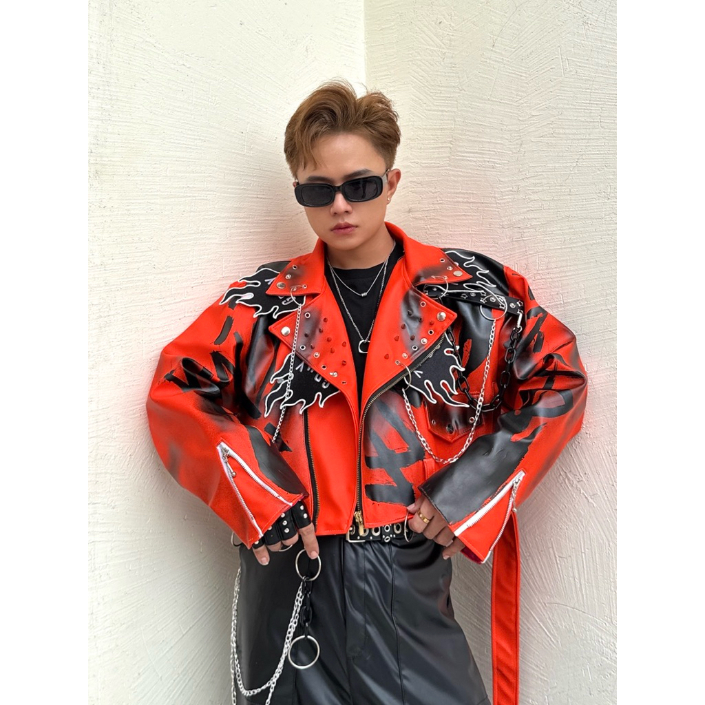 Áo khoác da cam croptop custom chain đai + quần da ống rộng custom KELSHOP