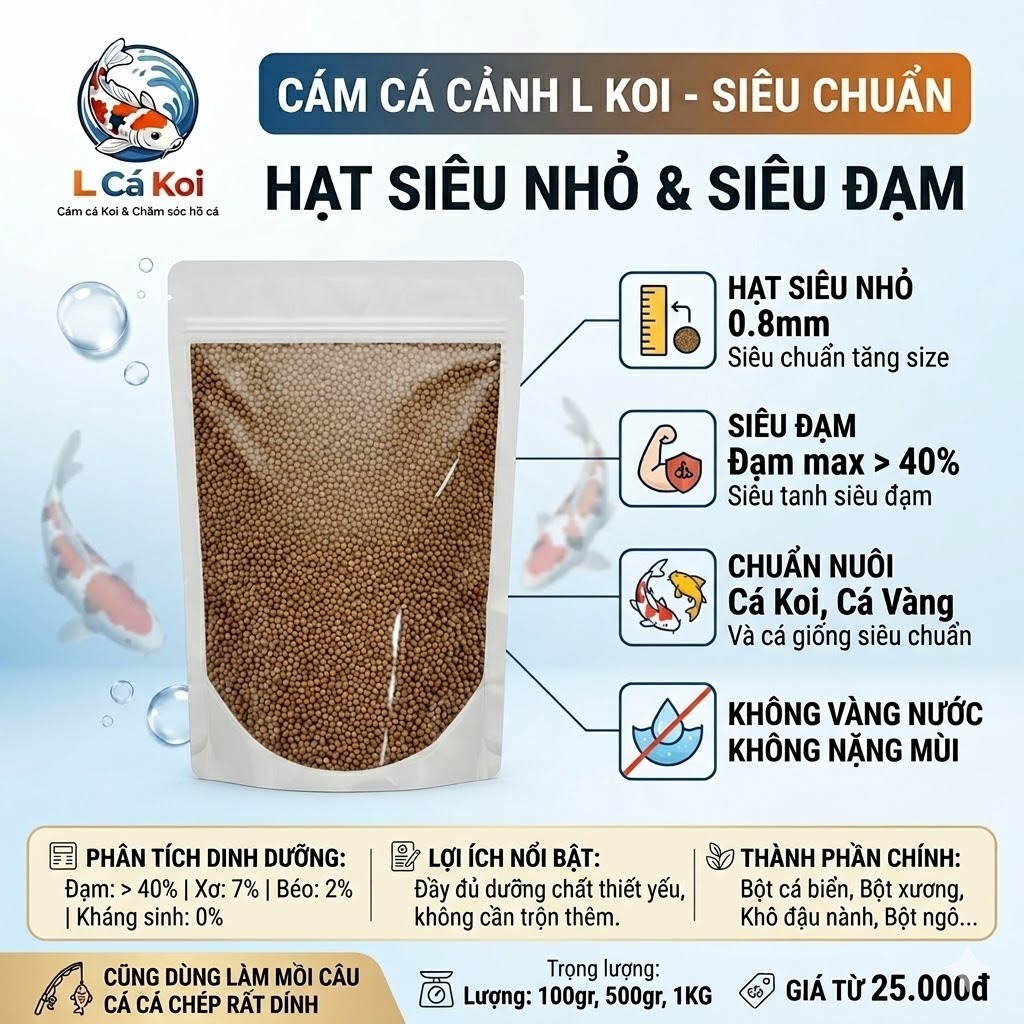1kg cám cá cảnh (Hạt 0,8mm độ đạm 40% ) Thức ăn cá Koi, cá vàng , cá giống siêu chuẩn