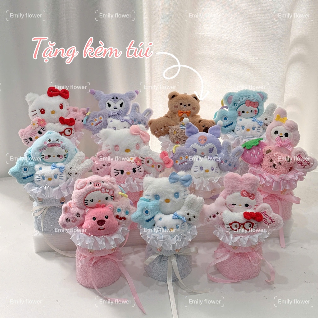 Bó hoa gấu bông mini kitty, melody, kuromi loopy, quà tặng sinh nhật, quà tặng cho bé