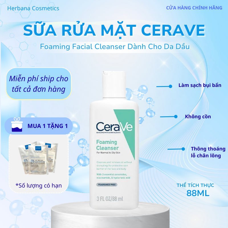 Sữa Rửa Mặt CeraVe Foaming Facial Cleanser làm sạch sâu và dưỡng ẩm dịu nhẹ dành cho da dầu 88ml