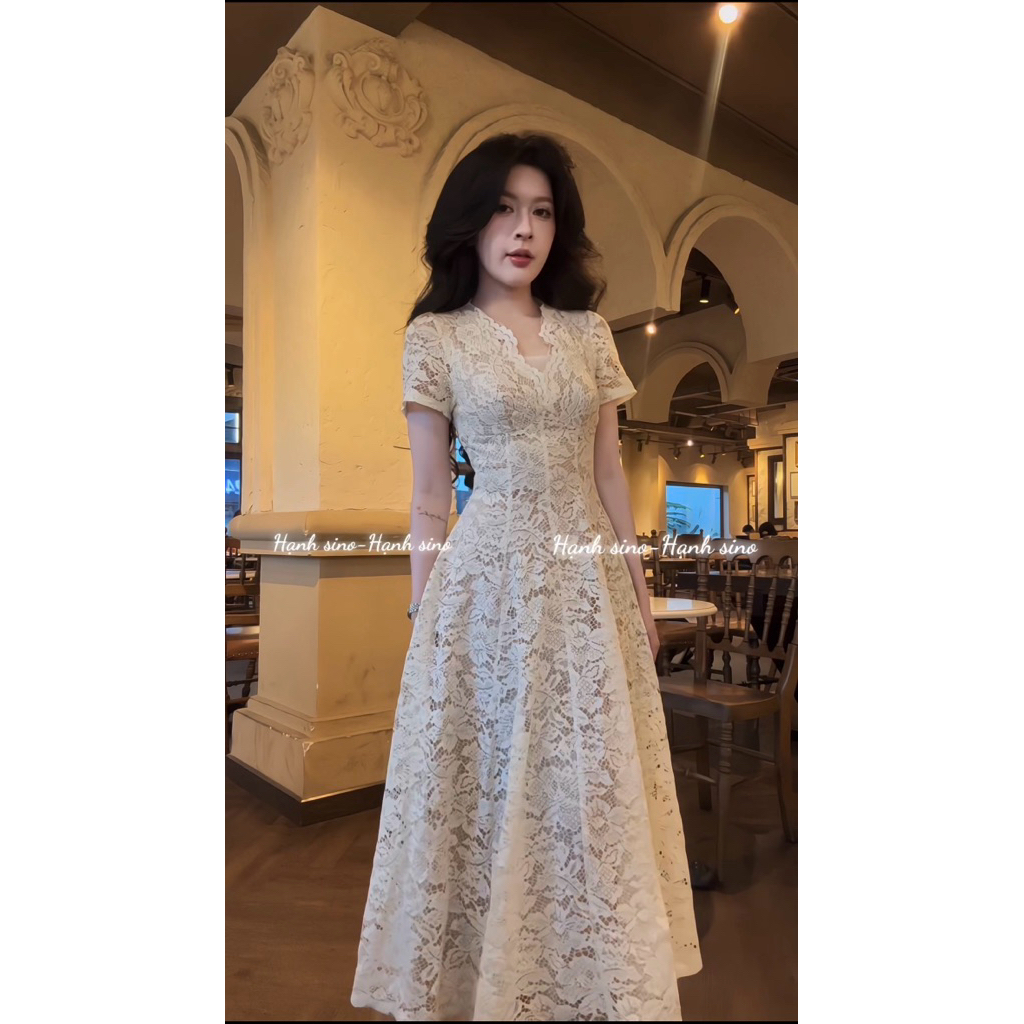 Hạnh sino.97 Váy ren cao cấp cổ V lót lưới dáng xòe A