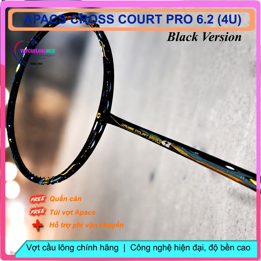 Vợt Cầu Lông Apacs Cross Court Pro 6.2 Black (4U) – 305mm Nặng Đầu | Thân 6.2mm | Max 38LBS