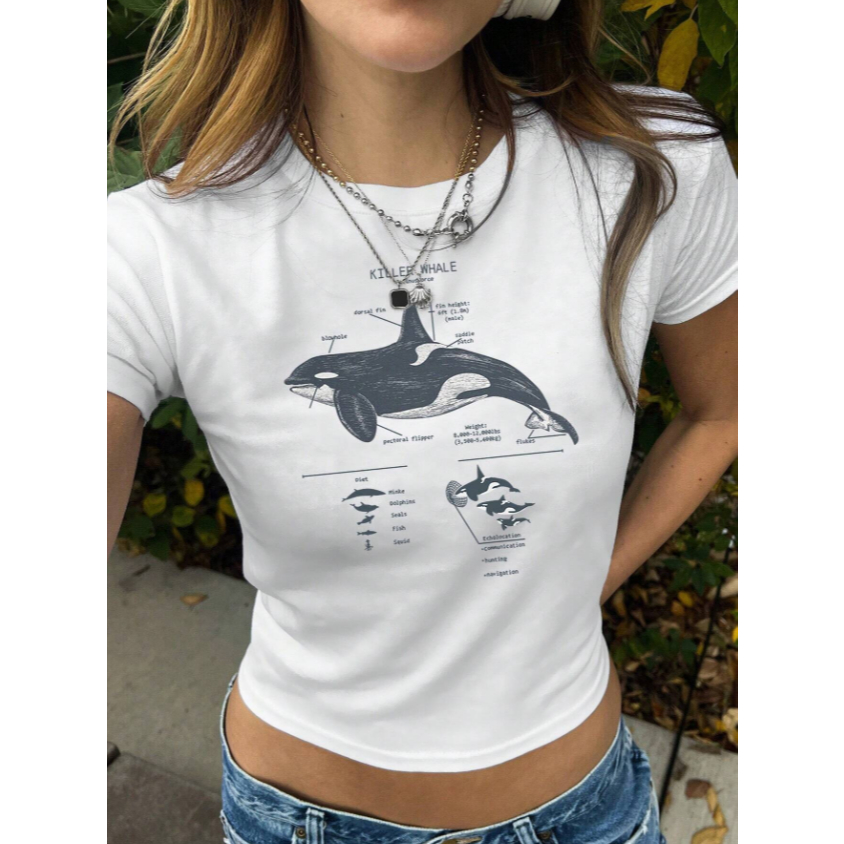 L&M| Y2K Killer Whale Slogan Marine Life Cropped Baby Tee KILLER WHALE Graphic Tees Women Tops