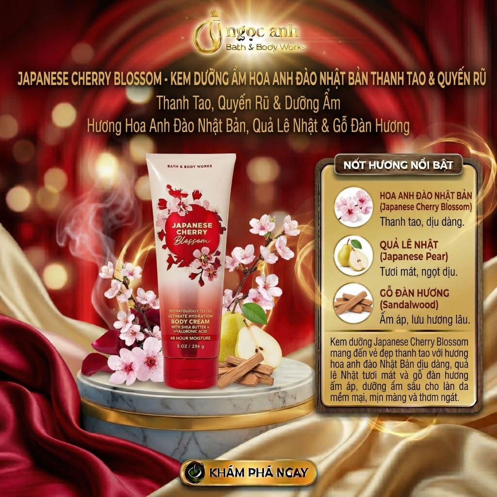 Kem dưỡng thể Bath & Body Works Japanese Cherry Blossom 226g chính hãng Mỹ hương hoa anh đào cổ điển