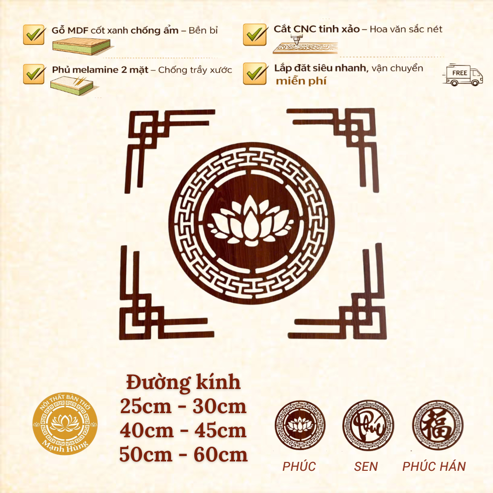 Tấm Trang Trí Bàn Thờ Tâm Hoa Sen, Tâm Phúc, Chữ Tâm, Tâm Thọ Triện MDF + 4 Góc, Chống Ám Khói, Dễ D