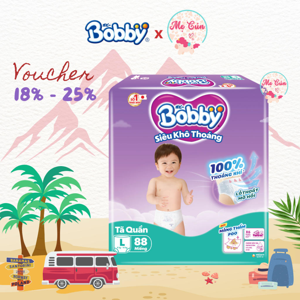 Tã quần Bobby Ultra Mẫu mới Siêu khô thoáng M96/L88/XL74/XXL68 cho bé thoải mái cả ngày