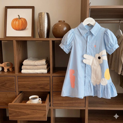 Váy Suông Đuôi Cá Họa Tiết Thêu Thỏ Màu Xanh Cho Bé Gái 1-8 Tuổi MINTSCLOSET Quảng Châu - GV0402