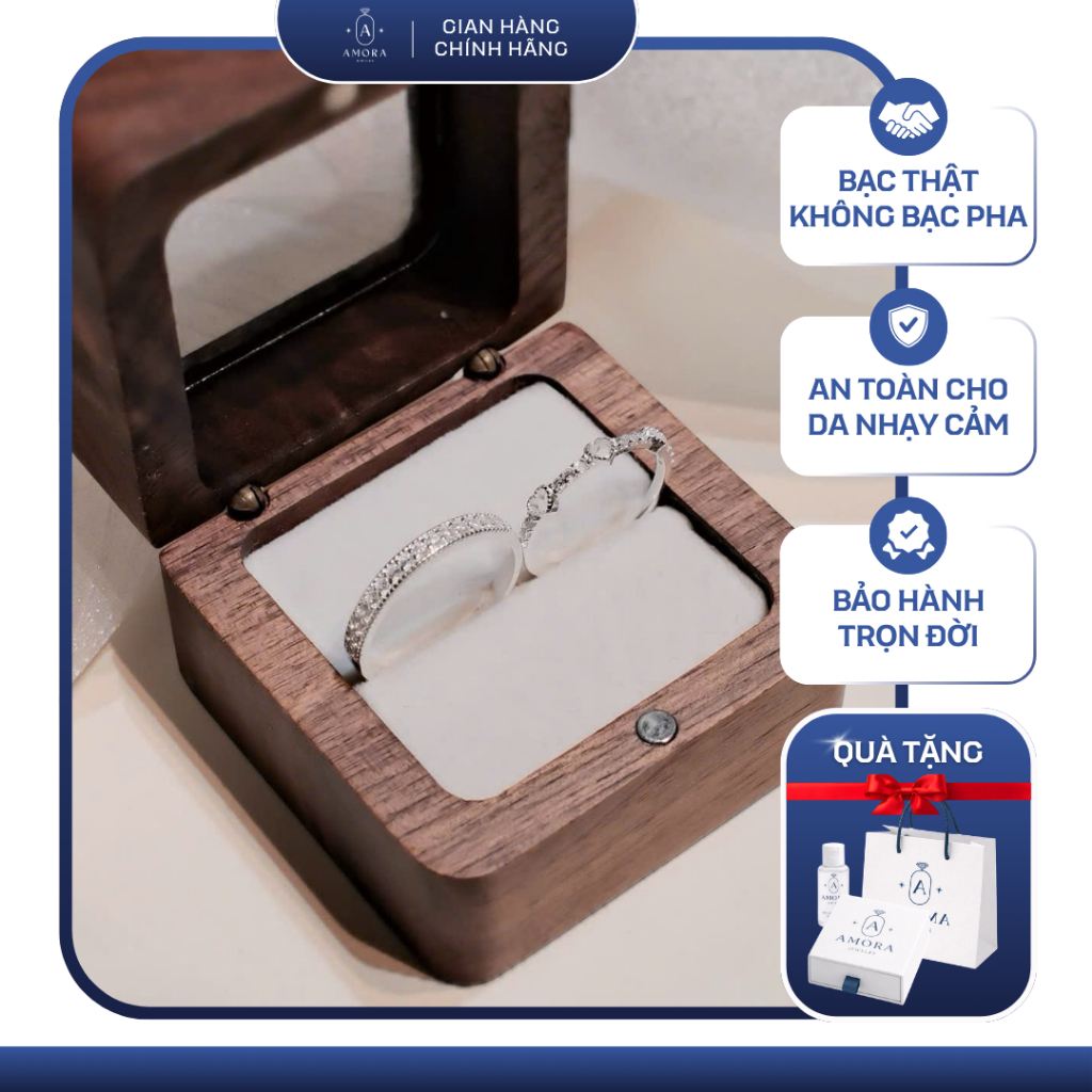 Nhẫn đôi tình yêu AMORA thiết kế basic có size tay bạc ta S99 AMORA JEWELRY NĐ492