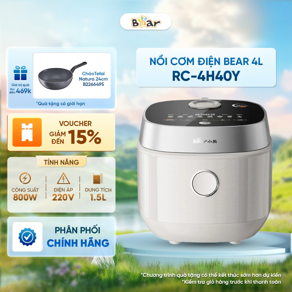 Nồi cơm điện Bear 1.5L RC-4H40Y - 8 chế độ nấu đa dạng - Chế độ nấu nhanh 22 phút - Bh 18 Tháng