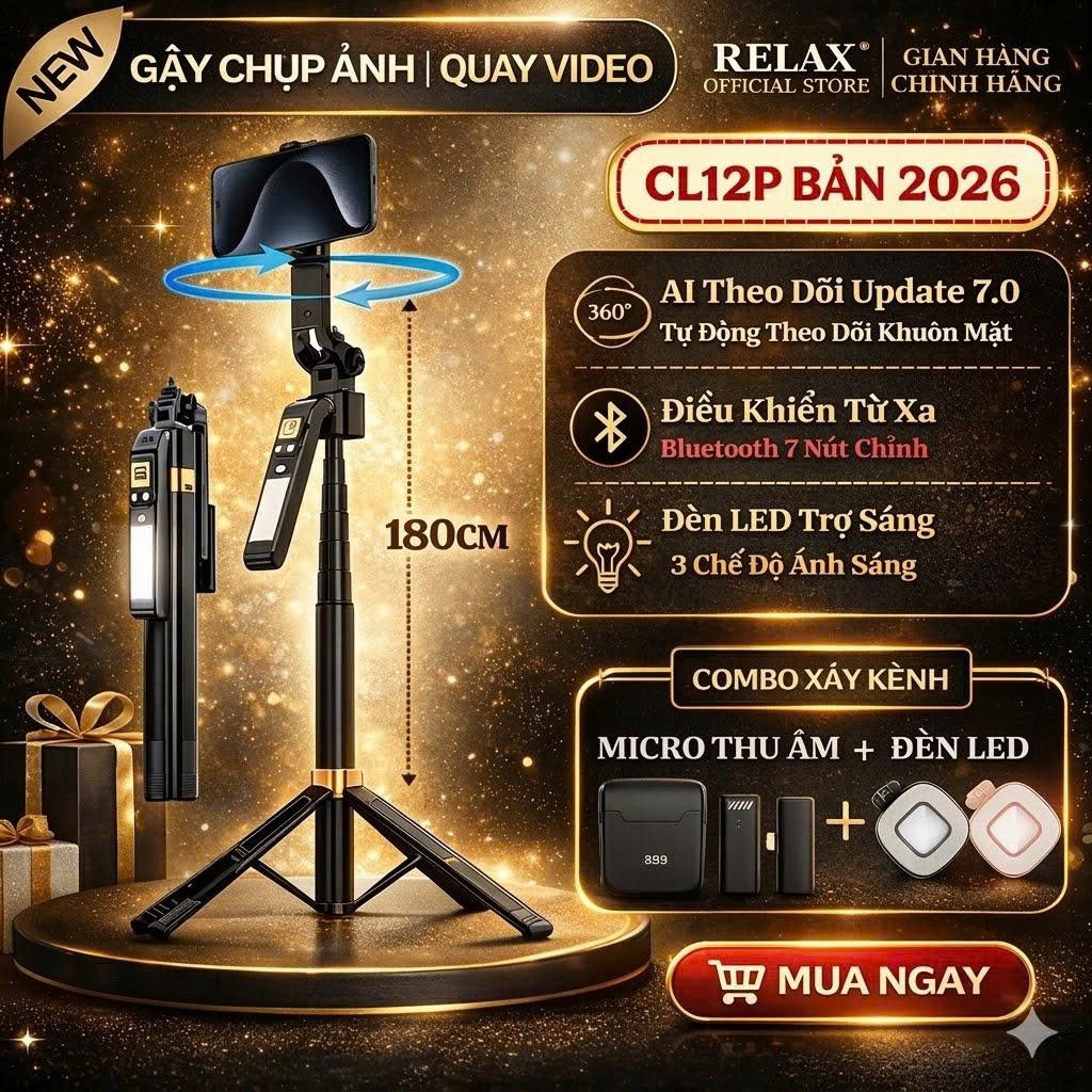 Tripod LaTech CL12P bản 2026 xoay tự động cảm biến theo người, gấp gọn 30cm có điều khiển từ và đèn