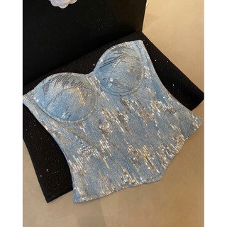 [Chờ 10 ngày] 𝘾𝙖𝙨.𝙫𝙞𝙗𝙚| Áo Corset Nữ Denim Màu Xanh Đính Kim Sa Lấp Lánh Phối Viền Cúp Ngực Phong Cách Gợi Cảm