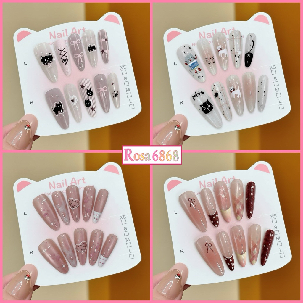 (M4) Nailbox Thiết kế móng tay giả hạt gạo dài hello kitty tặng keo dán  - Rosa 6868