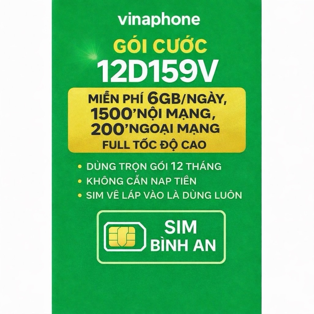 SIM VINAPHONE 12D159V 6GB/NGÀY,1500'NỘI MẠNG,200'NGOẠI MẠNG,LẮP VÀO LÀ DÙNG NGAY.