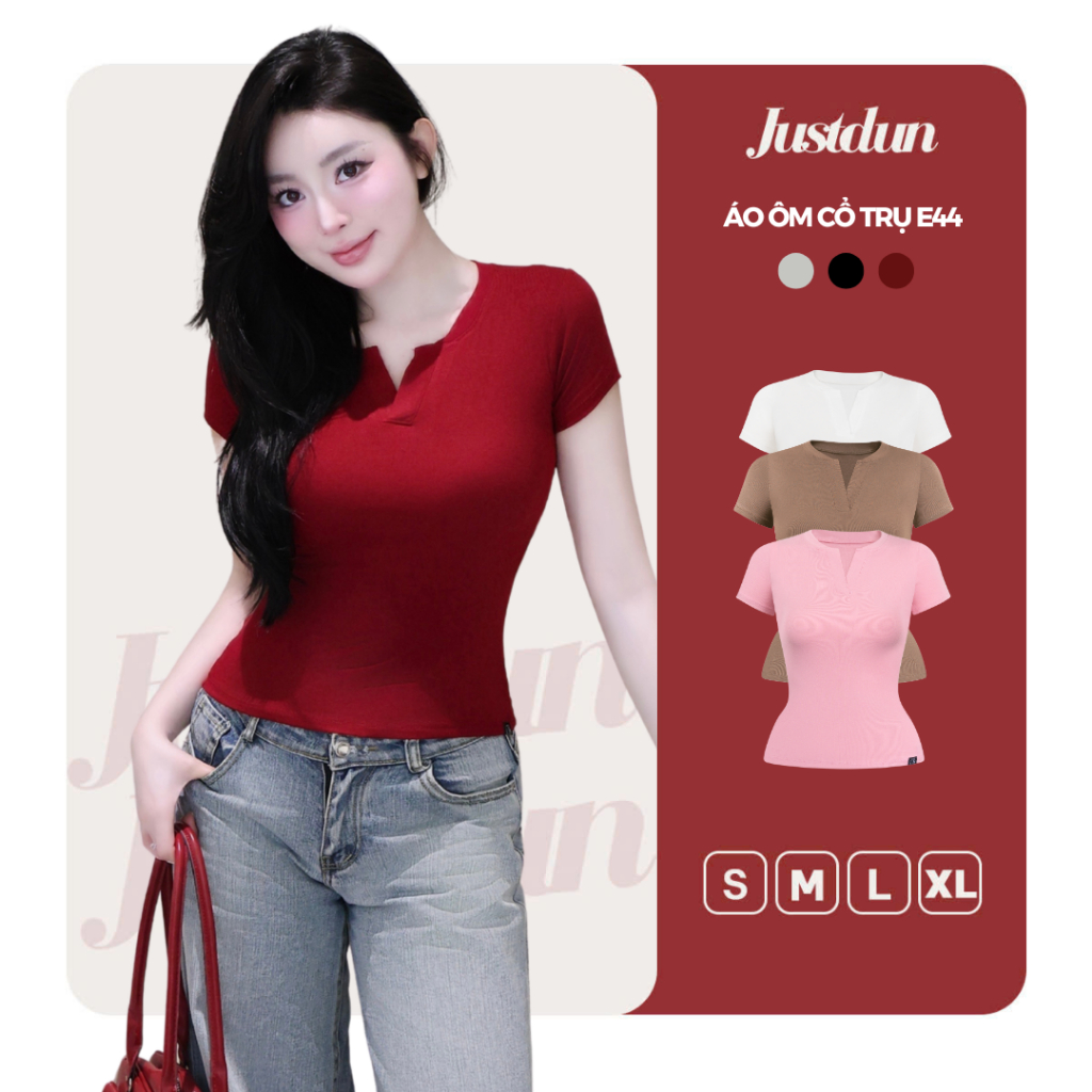 Áo Thun Nữ Ôm Body JUSTDUN E44 – Cổ Trụ Tàu Tay Ngắn, Vải Cotton Mềm Mịn Co Giãn 4 Chiều, Thoáng Mát