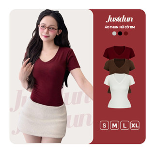 Áo Thun Nữ Basic Cổ Tim Trơn JUSTDUN A2 – Chất Cotton Lông Mịn Cao Cấp, Co Giãn 4 Chiều