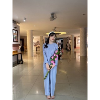 Hò nút bấm Đồ lam đi chùa tay dài vải Kate mát mịn đồ lam nam nữ đồ bộ