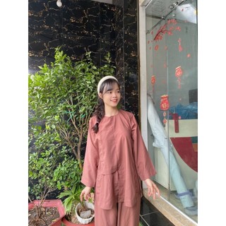 Hò nút bấm Đồ lam đi chùa tay dài vải Kate mát mịn đồ lam nam nữ đồ bộ