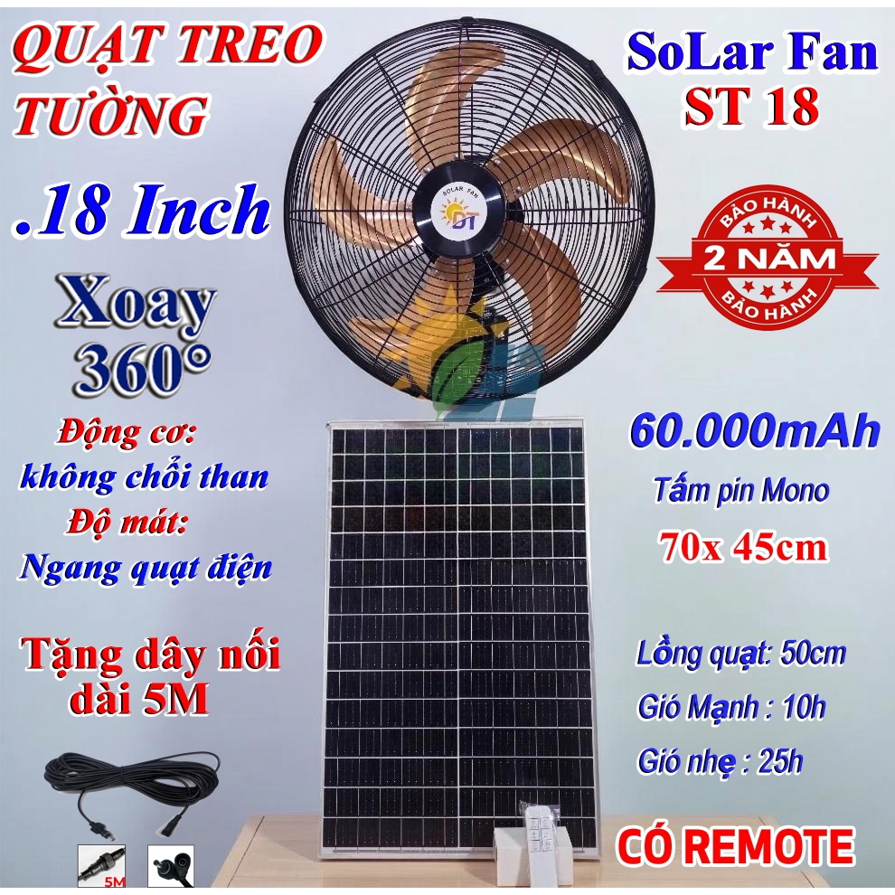Quạt năng lượng mặt trời treo tường 18 inch Solar Fan 60000mAh đông cơ không chổi than cực mát