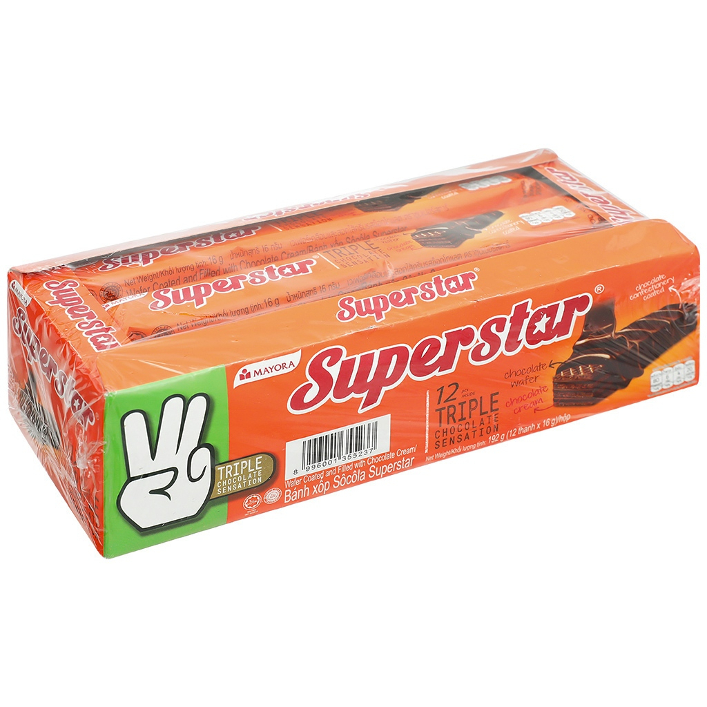 Bánh Xốp Phủ Kem Sôcôla Superstar Triplet Chocolate (Hộp 12 thanh x 12.5g) Chính Hãng Danisa