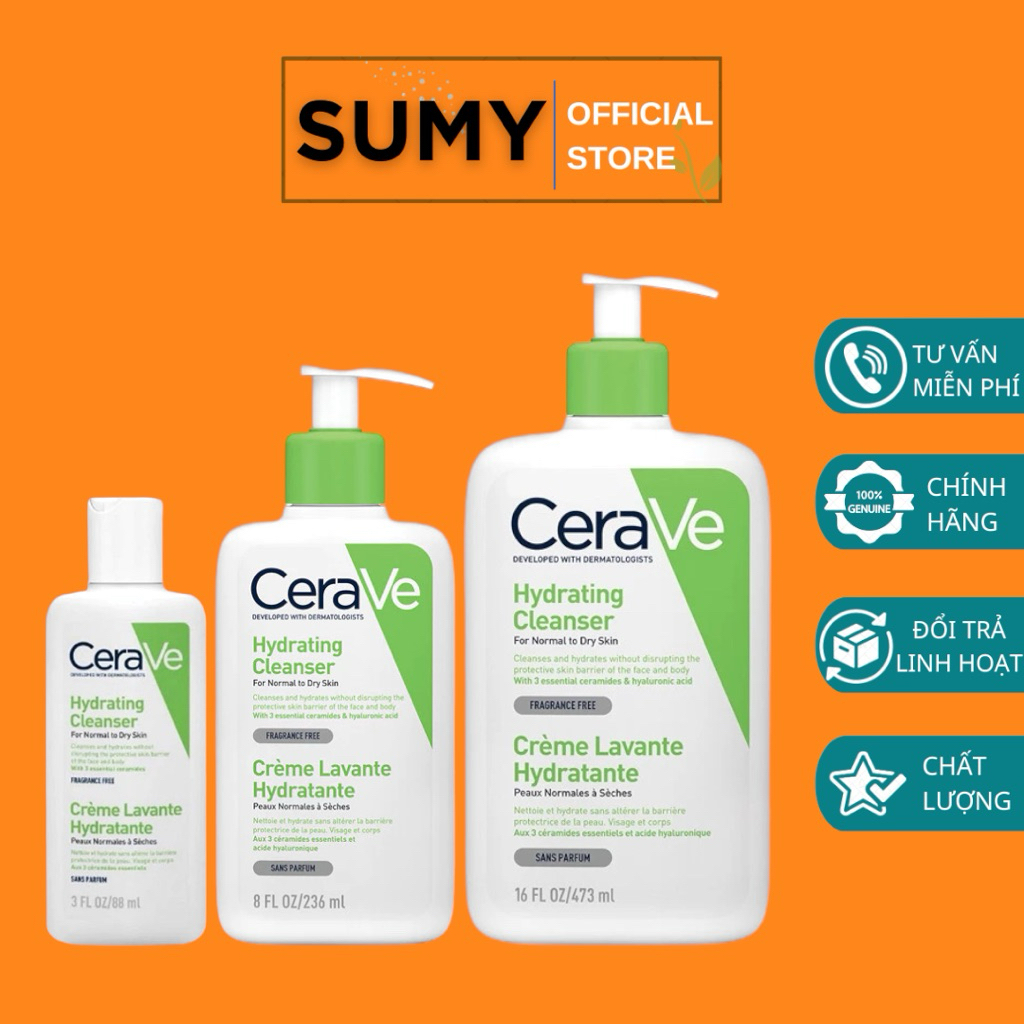 Sữa rửa mặt giúp làm sạch sâu dành cho da thường và da khô Cerave Hydrating Cleanser 88ml 236ml 473m