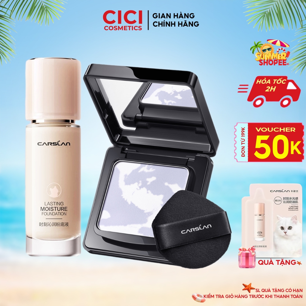 Combo 2 Sản Phẩm CARSLAN Kem Nền Kiềm Dầu và Phấn Nén SIÊU KIỀM DẦU Giúp Lớp Nền Lâu Trôi,Chống nước