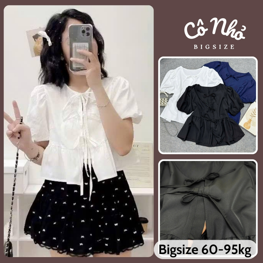 Áo Babydoll Bigsize Nữ Tay Phồng Vạt Xòe Phối Nơ Xinh Vải Kate Thái Mềm Đi Chơi A191