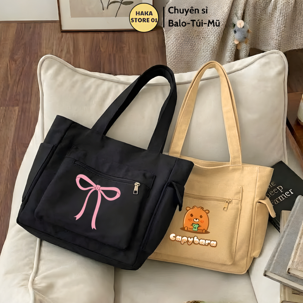 Túi tote túi vải nữ đeo vai họa tiết chữ phong cách Ulzzang đựng sách vở quần áo đi chơi đi học phong cách hàn quốc