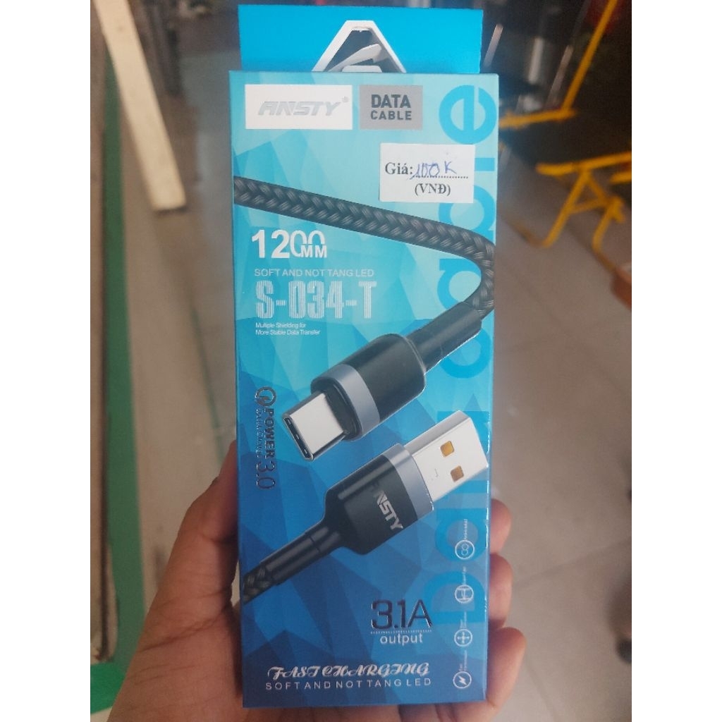 Cáp sạc nhanh chính hãng Ansty cổng usb to type-c. Dây dài 1200mm