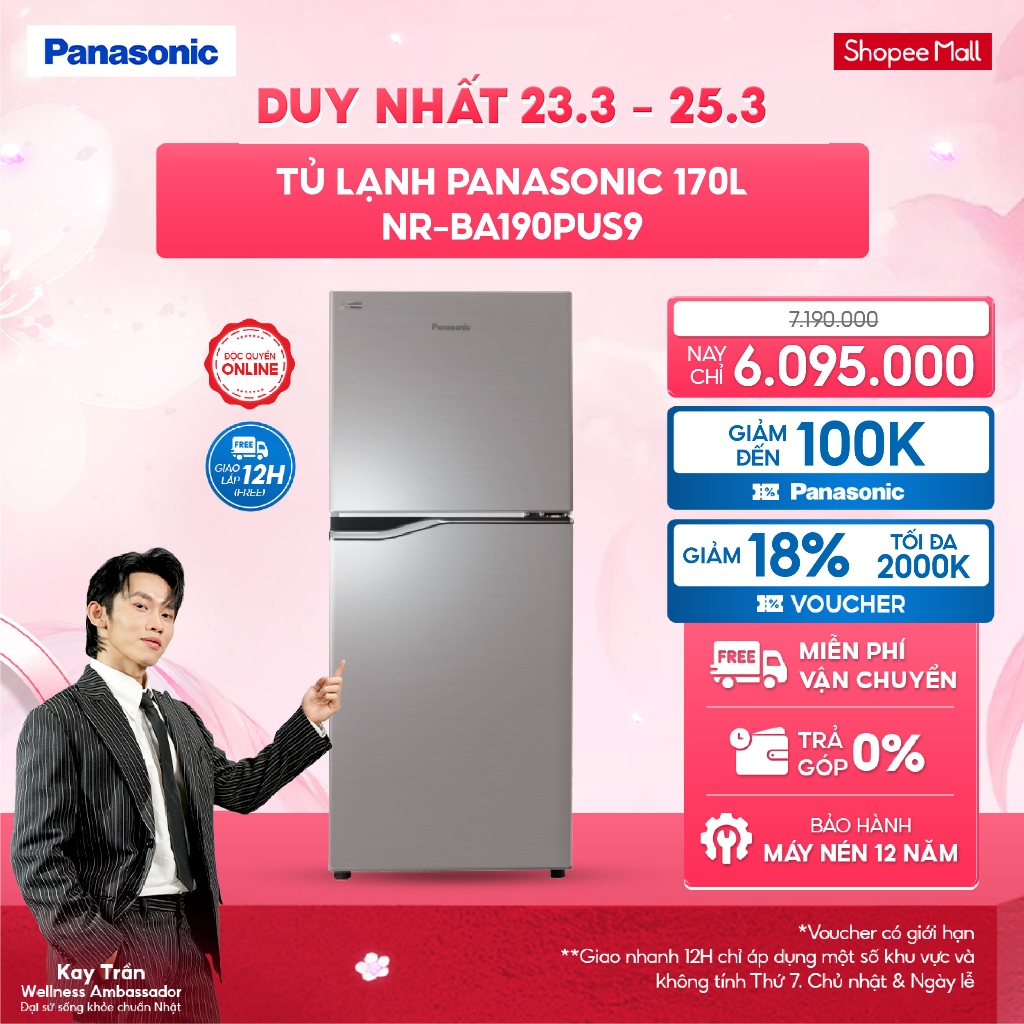 [ELPN2TS GIẢM TỐI ĐA 2TR] [GIAO SAU 02/04] Tủ lạnh Panasonic Inverter 170lít Tiết kiệm điện Ngăn đá trên NR-BA190PUS9 | BigBuy360 - bigbuy360.vn