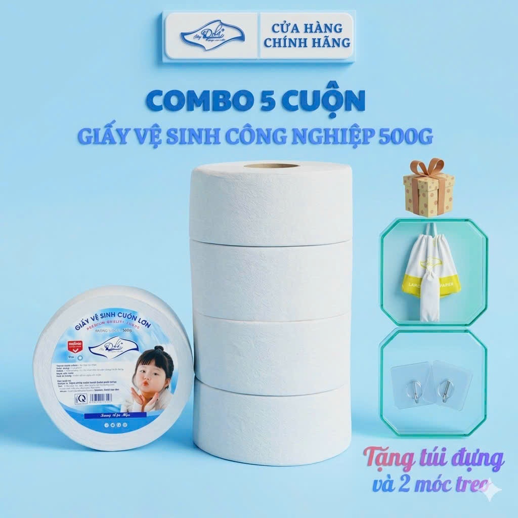 [TẶNG TÚI] - COMBO 5 CUỘN - Giấy vệ sinh công nghiệp cuộn lớn DOLA 500gr siêu tiết kiệm nhanh tan trong nước