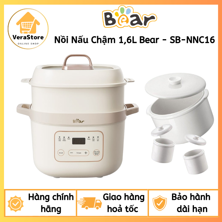 Nồi Nấu Chậm SB-NNC16 BEAR 1,6L Kèm Xửng Hấp, Nồi Nấu Cháo Chậm Nồi Nấu Cháo Cho Bé Ăn Dặm Nồi Chưng Yến Kho Cá Nấu Chè