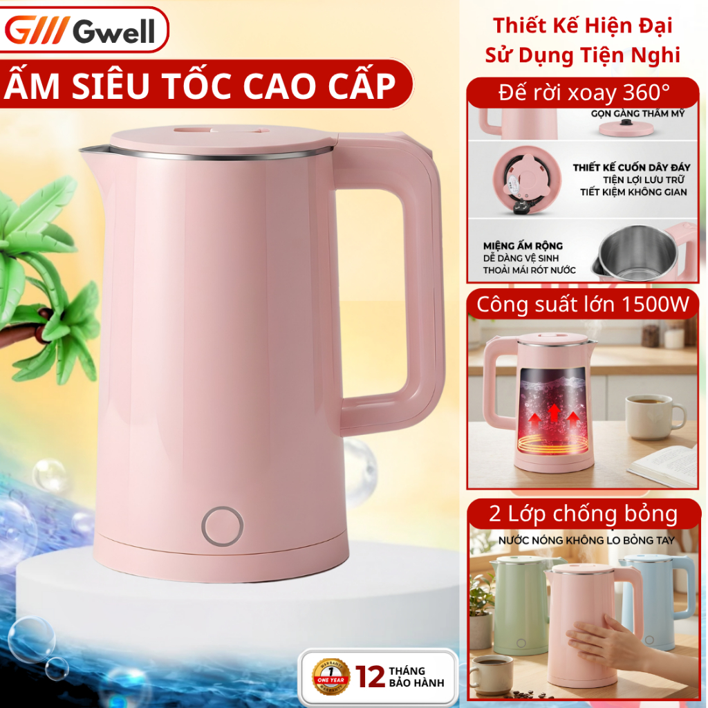 Ấm Đun Nước Siêu Tốc 2.5L Cao Cấp  Công suất lớn 1500W Đun Nhanh Tự Ngắt Khi Sôi, 2 Lớp Chống Bỏng