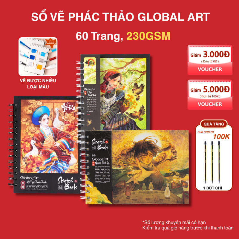 [Tặng 1 Quà] Sổ Vẽ Đa Chất Liệu 230GSM Global Art 30 Tờ, Sổ Vẽ Phác Thảo A4 A5 Giấy Vẽ Màu Nước Không Kị Tẩy