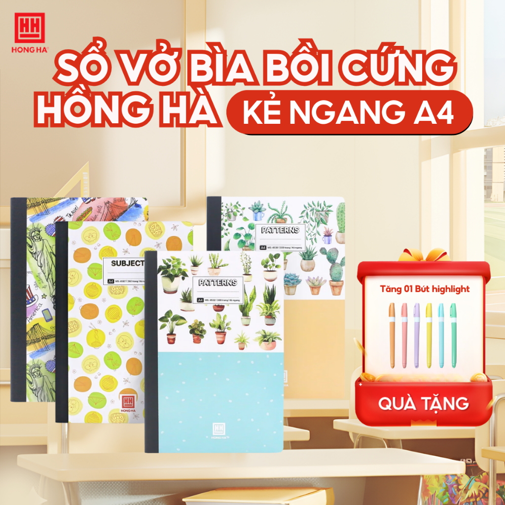 (Tặng Bút Highlight) Sổ vở bìa bồi cứng 200/260/300/360/400/420 trang kẻ ngang A4 Hồng Hà