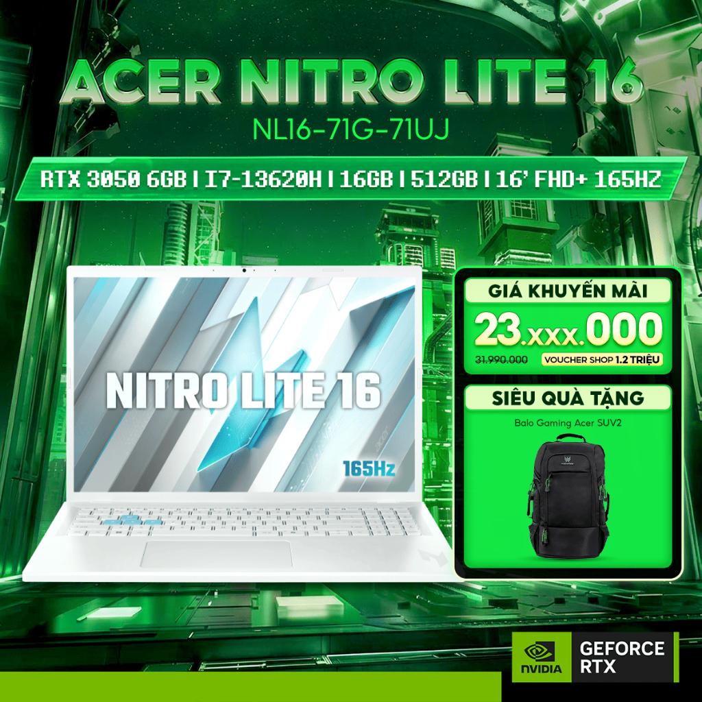 Laptop Gaming Acer Nitro Lite 16 NL16-71G-71UJ – i7 Gen 13, RTX 3050, màn 16″ 165Hz