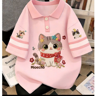 Áo polo cổ bẻ ,polo bé gái,size 20-50kg.,Áo in hình mèo 5D áo thanh lịch,chẩn hè,co dãn 4 chiều