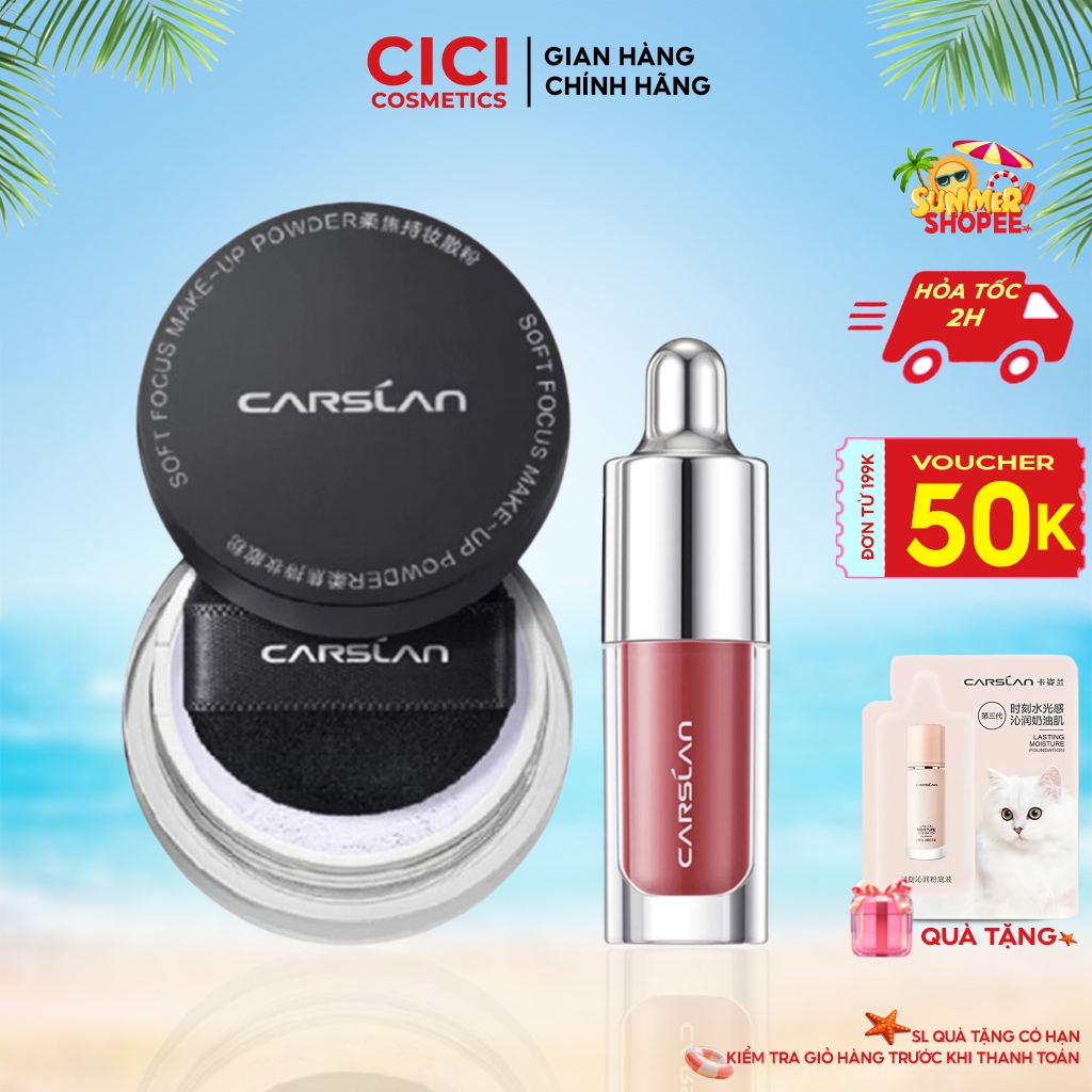 Combo Phấn Phủ Carslan Chính Hãng + Son Mini Carslan – Kiềm Dầu, Lâu Trôi, Màu Son Lên Chuẩn