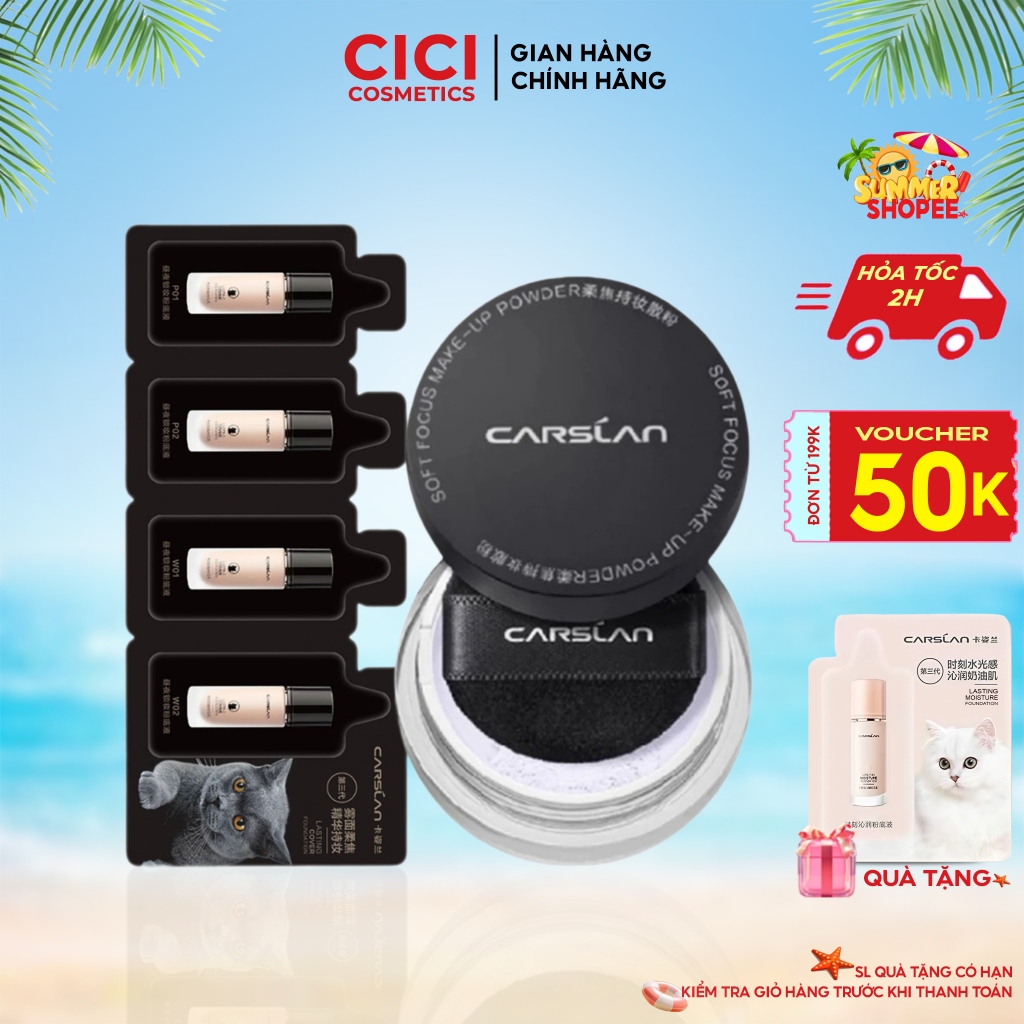Combo Kem Nền Mini CARSLAN 4g+Phấn Phủ CARSLAN 1g Kiềm Dầu Lâu Trôi Tự Nhiên Dưỡng Ẩm Không Bí Da