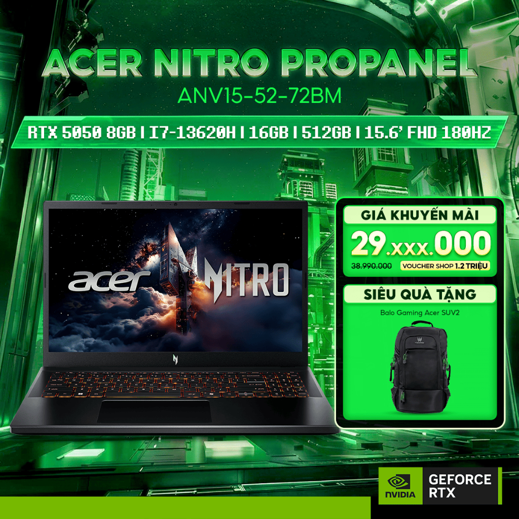 Laptop Gaming Acer Nitro V ProPanel ANV15-52-72BM Card đồ họa GeForce RTX™ 5050 8GB | 512GB SSD