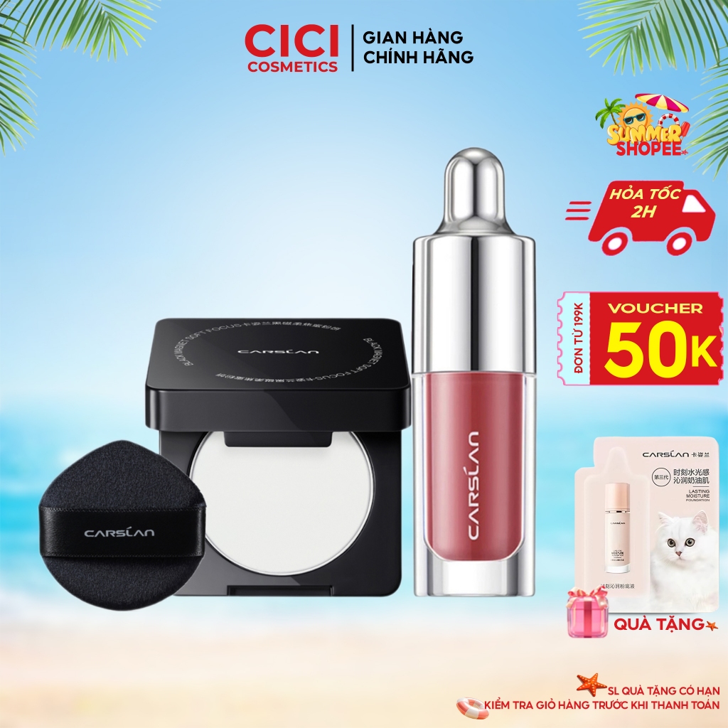 Combo Phấn Nén Mini Carslan Chính Hãng + Son Mini Carslan – Kiềm Dầu, Lâu Trôi, Màu Son Lên Chuẩn