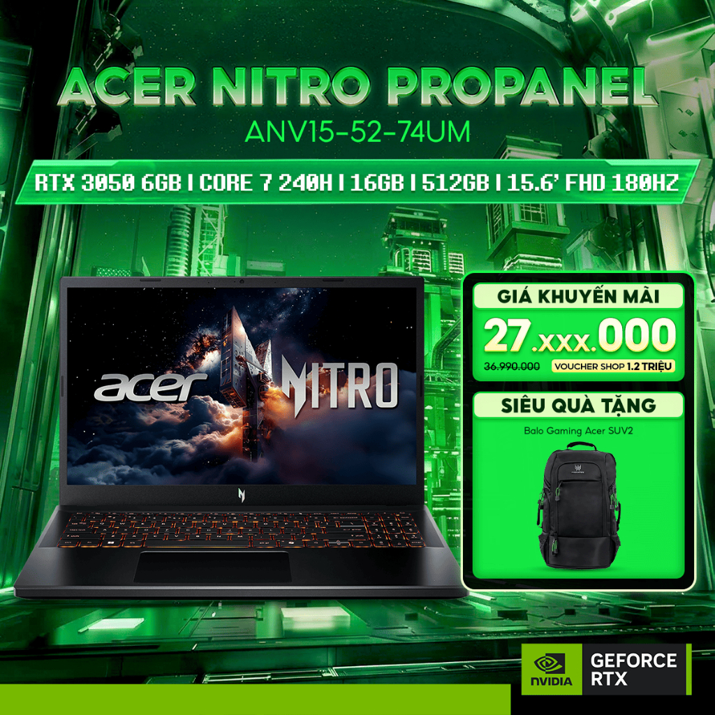 Laptop Gaming Acer Nitro V ProPanel ANV15-52-74UM GeForce RTX™ 3050 6GB / Core 7 240H / 16GB/ 512GB