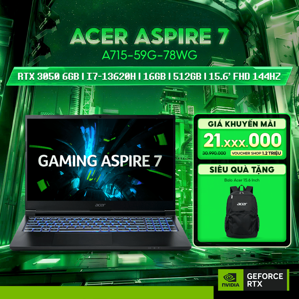 Laptop Gaming Acer Aspire 7 A715-59G-78WG  GeForce RTX™ 3050 6GB  / Chip i7-13620H