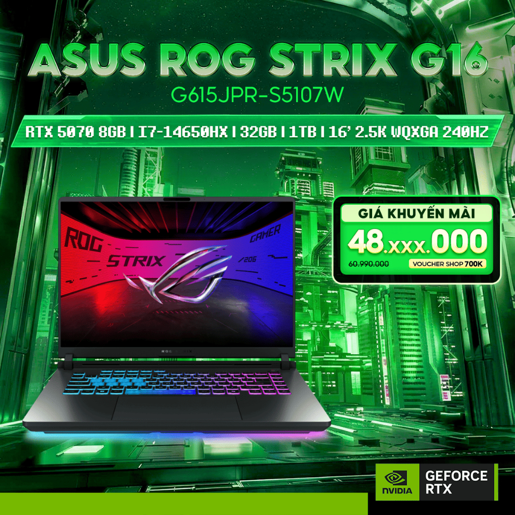 Laptop ASUS ROG Strix G16 G615JPR-S5107W GeForce RTX™ 5070 8GB / i7-14650HX / 32GB / 1TB / 16' 2.5K