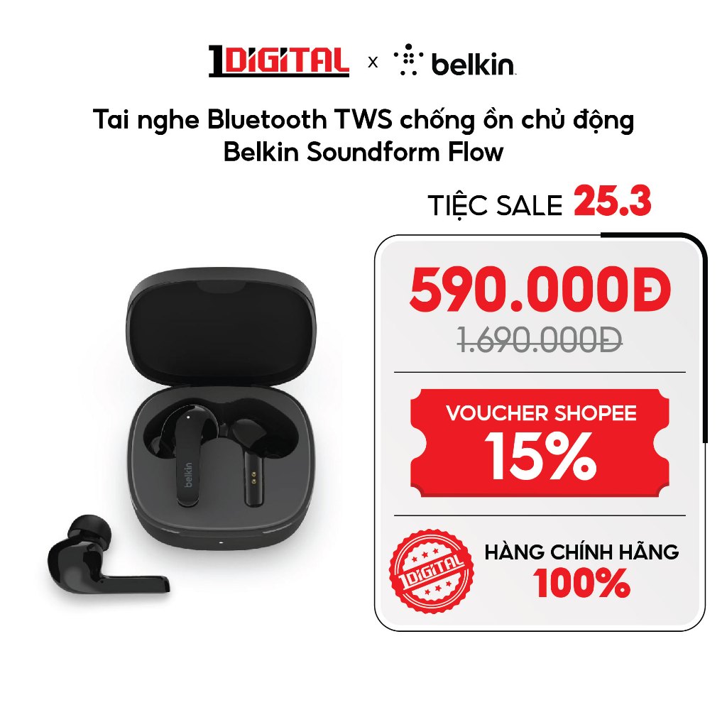 (Belkin) Tai nghe Bluetooth TWS chống ồn chủ động Belkin Soundform Flow - 2 Màu Đen, Trắng
