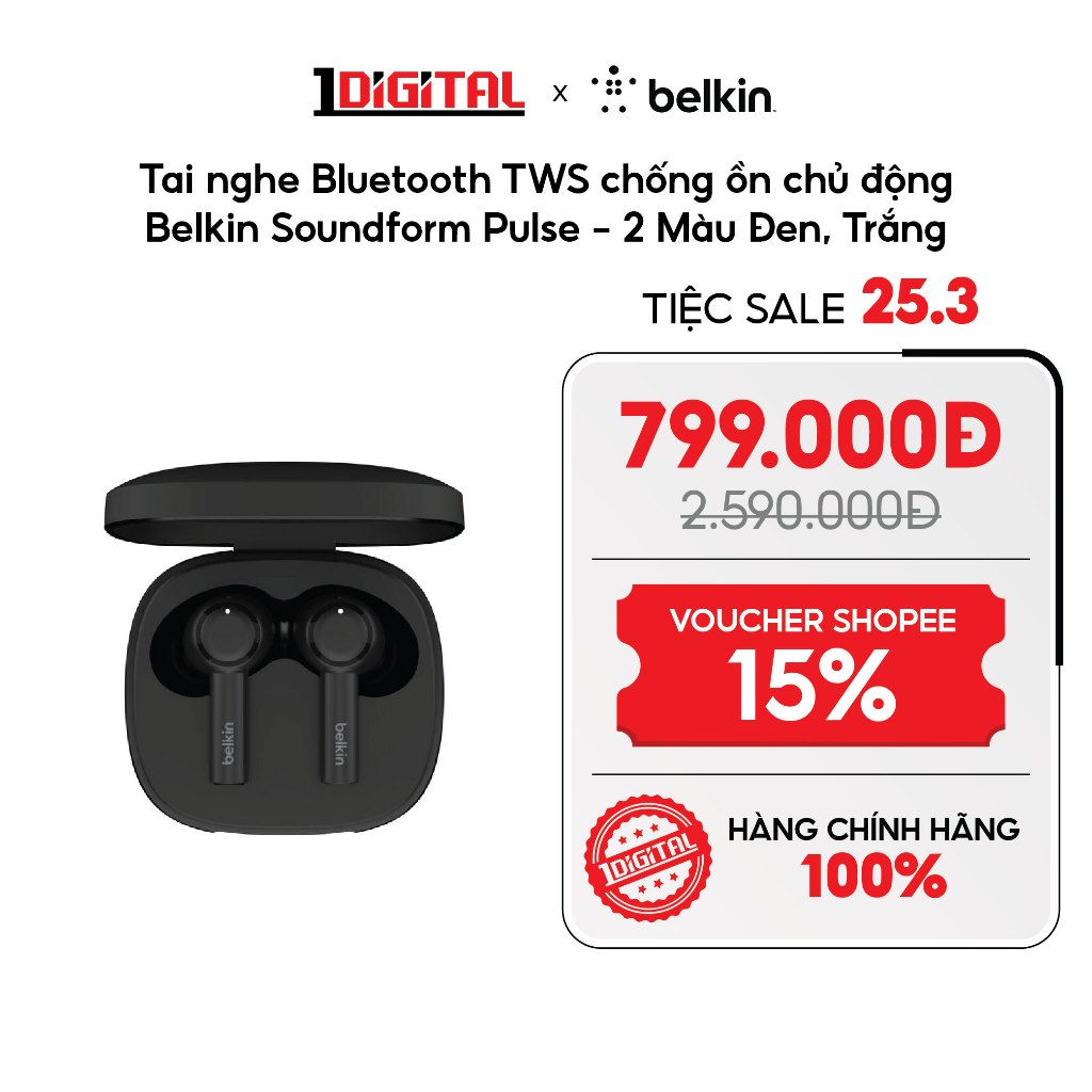 (Belkin) Tai nghe Bluetooth TWS chống ồn chủ động Belkin Soundform Pulse - 2 Màu Đen, Trắng