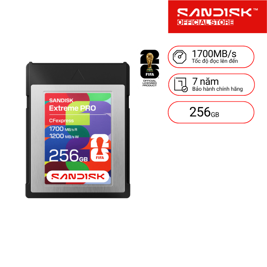 Thẻ nhớ CFexpress Type B SanDisk FIFA World Cup 2026 256GB PCIe upto 1700MB/s SDCFE-256G-GF4NN - Bảo