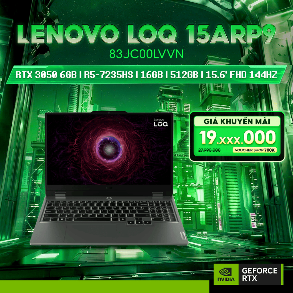 Laptop Gaming Lenovo LOQ 15ARP9 83JC00LVVN Card GeForce RTX™ 3050 6GB | R5-7235HS | 16GB | 512GB