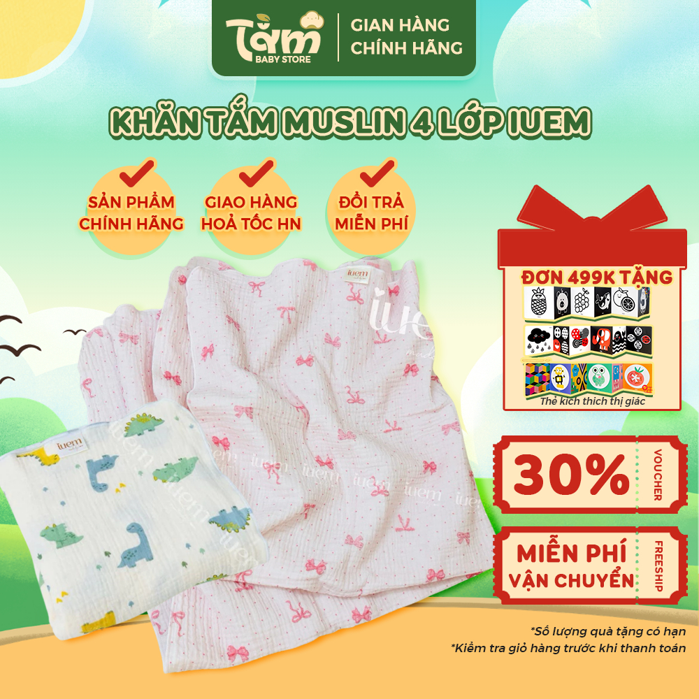 Khăn Tắm 4 Lớp Muslin IUEM Cao Cấp 88x90cm – Thấm Hút Siêu Nhanh, An Toàn Cho Da Bé Sơ Sinh - Tằm Ba